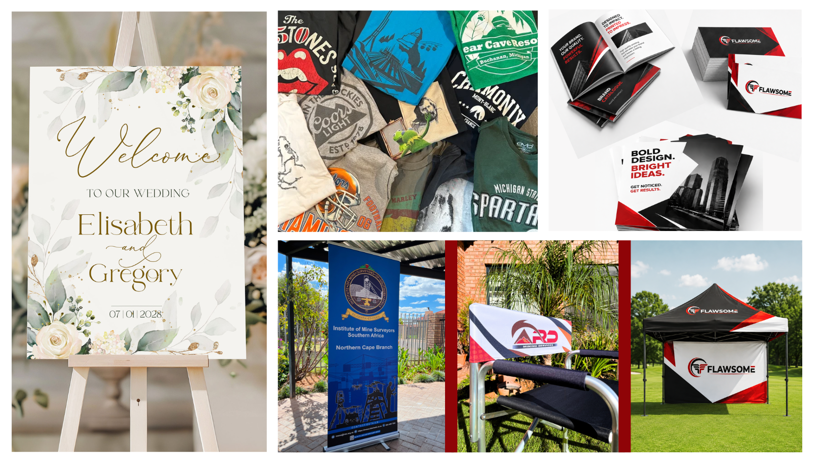 A Banner of different types of printing: Apparel Printing, Memorial signage boards, outdoor signage printing at flawsome