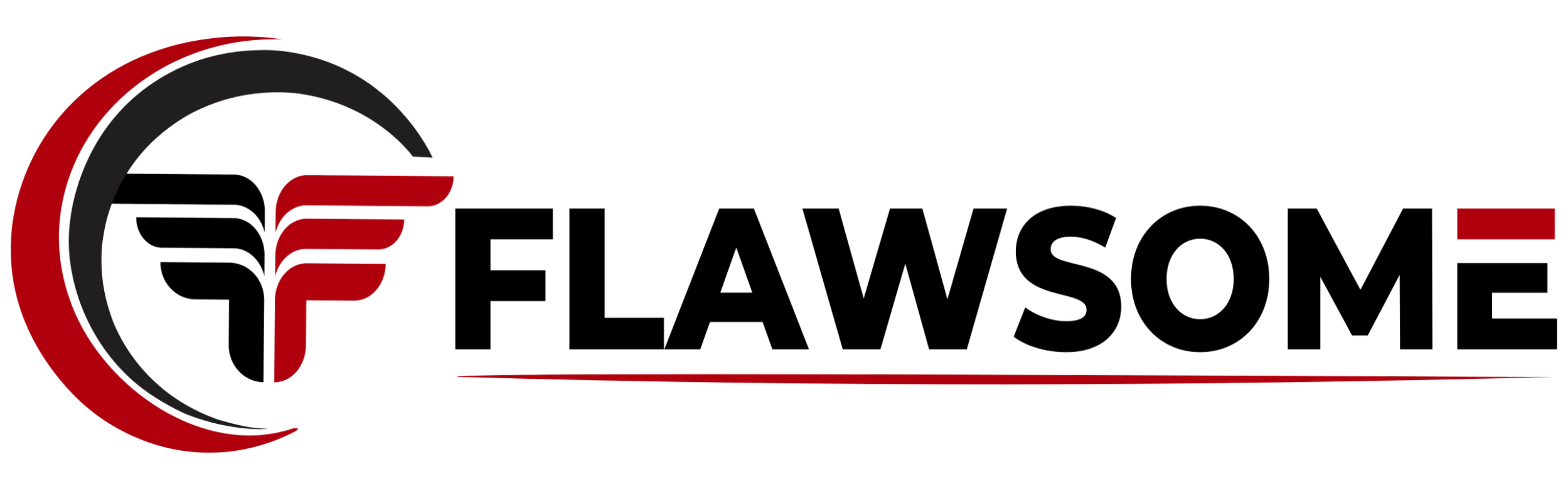 The Flawsome Branding Company complete logo, the emblem in red and black and the word Flawsome spelled out next to the emblem