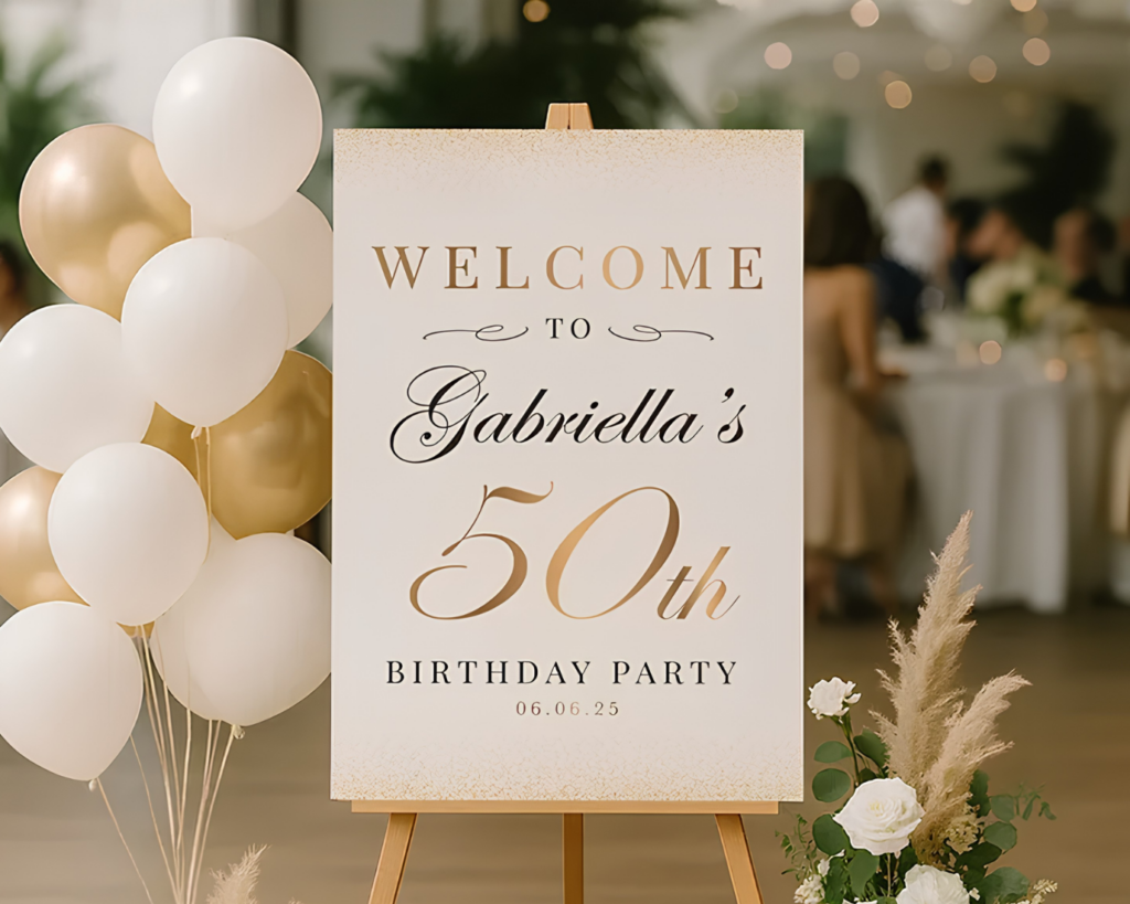 A printed welcome board for a birthday venue.