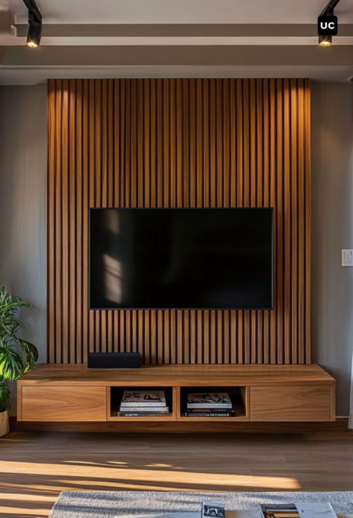 Exotic wood cladding behind a tv hanging on the wall to create a warm atmosphere in a living room